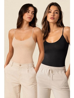 Fevien 2'li Paket Kadın Ince Askılı Pamuklu Çıtçıtlı Body Seti Esnek Likralı Basic Zıbın Atlet Günlük Rahat Iç Giyim