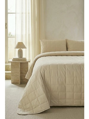 Ocean Home Textile %100 Pamuk Kumaş Kapitoneli Bej Çok Amaçlı Çift Kişilik Yatak Örtüsü Seti 1 Adet 250 x 230 / 2 Adet 50 x 70 cm
