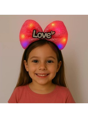 Mudanis LED Işıklı Love Yazılı Fuşya Fiyonk Taç – Kız Çocuk Parti Tacı