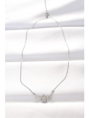 Miyango 316L Çelik Silver Renk Zirkon Taşlı Kalpli Kanat Kolye 5886 - ETC8218-6836