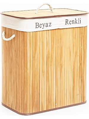 Mayf Dikdörtgen Iki Bölmeli Iç Bez Bambu Ahşap Kirli Çamaşır Sepeti Ip Kulp 52X32X62CM (5332)