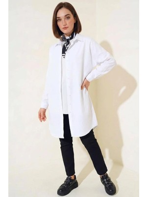 Moda Molası Kadın Gömlek Yaka Uzun Kol Basic Pamuklu Beyaz Tesettür Tunik