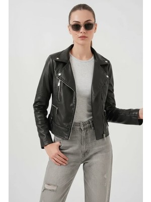 Moda Molası Kadın Dik Yaka Biker Siyah Ceket