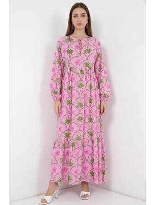 Moda Molası Kadın Yuvarlak Yaka Beli Büzgülü Çiçek Desenli Viskon Pembe Tesettür Elbise