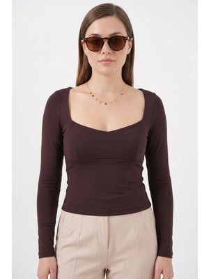 Moda Molası Kadın Kare Yaka Slim Fit Kahverengi Bluz