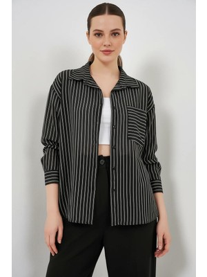 Moda Molası Kadın Oversize Tek Cepli Çizgili Viskon Siyah Gömlek