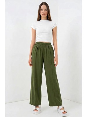 Moda Molası Kadın Beli Lastikli Bol Paça Haki Palazzo Pantolon