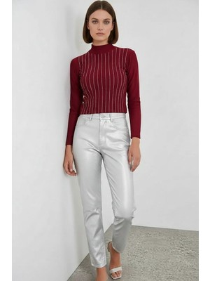 Moda Molası Kadın Yüksek Yaka Taşlı Çizgili Bordo Body