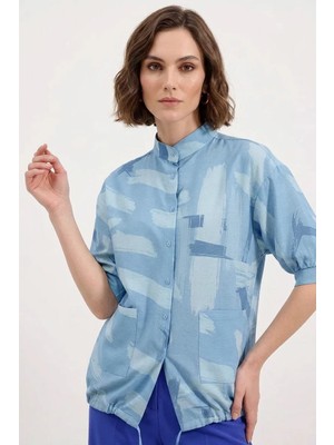 Moda Molası Kadın Oversize Desenli Viskon Mavi Gömlek
