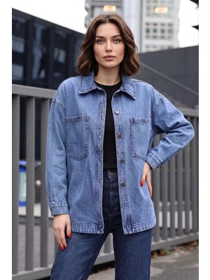 Moda Molası Kadın Gömlek Yaka Çift Cepli Oversize Pamuklu Lacivert Ceket
