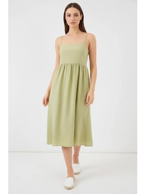 Moda Molası Kadın Beli Büzgülü Askılı Viskon Çağla Yeşili Elbise