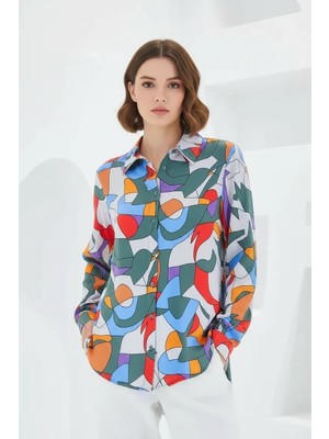 Moda Molası Kadın Grafik Desenli Viskon Haki Gömlek