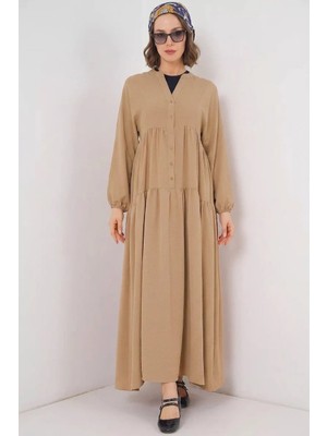 Moda Molası Kadın V Yaka Beli Büzgülü Düğmeli Fırfırlı Bisküvi Tesettür Elbise