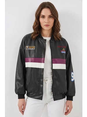 Moda Molası Kadın Bomber Yaka Baskılı Siyah Mor Ceket