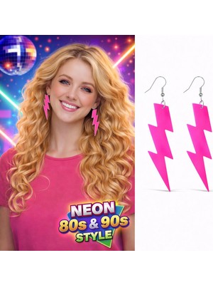 Mayf 80’ler 90&amp;apos;lar Retro Neon Pembe Şimşek Küpe 10 cm (5332)