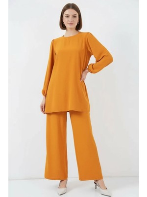 Moda Molası Kadın Yuvarlak Yaka Puff Kol Hardal Tunik Pantolon Alt Üst Takım