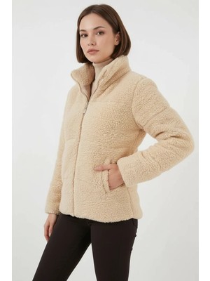 Moda Molası Kadın Yüksek Yaka Peluş Krem Mont