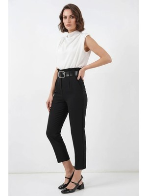 Moda Molası Kadın Yüksek Bel Kemerli Siyah Pantolon
