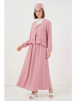 Moda Molası Kadın V Yaka Beli Büzgülü Çiçek Desenli Pembe Ikili Takım