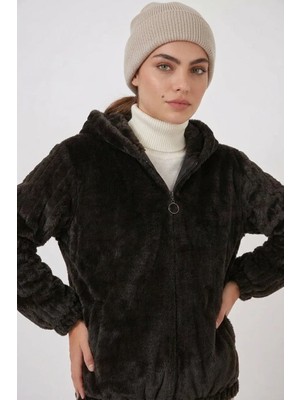 Moda Molası Kadın Kapüşonlu Beli Büzgülü Kürklü Kahverengi Mont