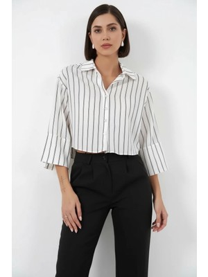 Moda Molası Kadın Oversize Çizgili Viskon Beyaz Gömlek