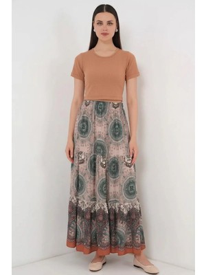Moda Molası Kadın Desenli Viskon Zümrüt Yeşili Etek