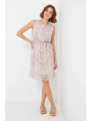 Moda Molası Kadın Sıfır Kol Kuşaklı Desenli Şifon Pembe Elbise