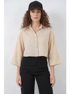 Moda Molası Kadın Oversize Çizgili Viskon Bej Gömlek