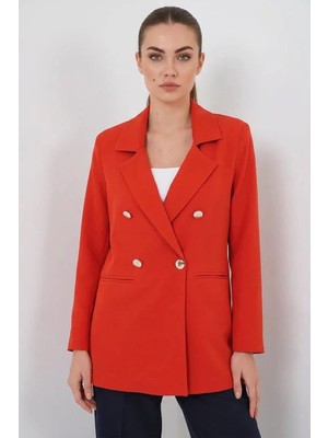 Moda Molası Kadın Kruvaze Yaka Çift Düğmeli Kiremit Ceket