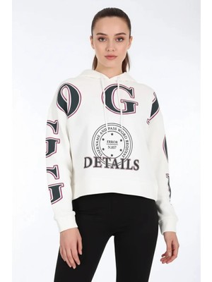 Moda Molası Kadın Kapüşonlu Baskılı Pamuklu Beyaz Sweatshirt