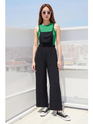 Moda Molası Kadın Askılı Beli Lastikli Halka Detaylı Siyah Tulum