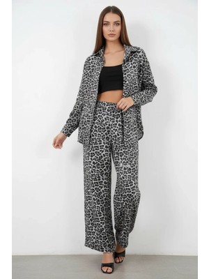Moda Molası Kadın Yüksek Bel Leopar Desenli Viskon Antrasit Takım