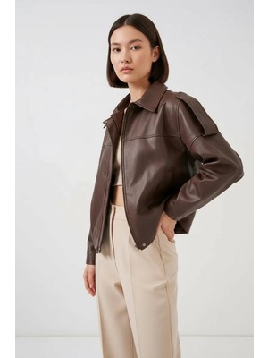 Moda Molası Kadın Gömlek Yaka Oversize Kesim Kahverengi Ceket