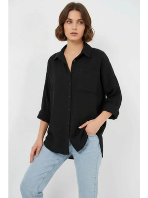 Moda Molası Kadın Oversize Tek Cepli Viskon Siyah Gömlek