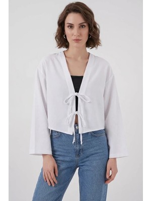 Moda Molası Kadın V Yaka Önden Bağlamalı Önü Viskon Beyaz Kimono