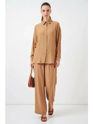 Moda Molası Kadın Gömlek Yaka Dokulu Viskon Camel Ikili Takım