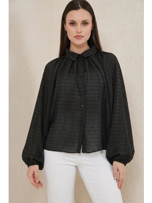 Moda Molası Kadın Yarasa Kol Oversize Viskon Siyah Gömlek