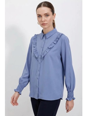 Moda Molası Kadın Fırfırlı Uzun Kol Indigo Gömlek