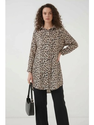 Moda Molası Kadın Leopar Desenli Viskon Bej Gömlek Tunik