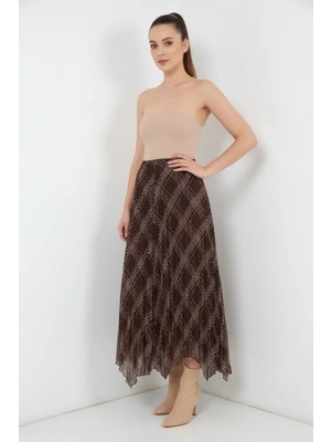 Moda Molası Kadın Asimetrik Kesim Pileli Şifon Kahverengi Etek
