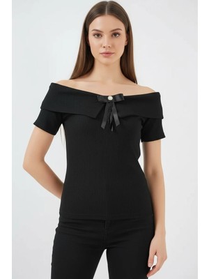 Moda Molası Kadın Off Shoulder Kurdele Detaylı Siyah Bluz