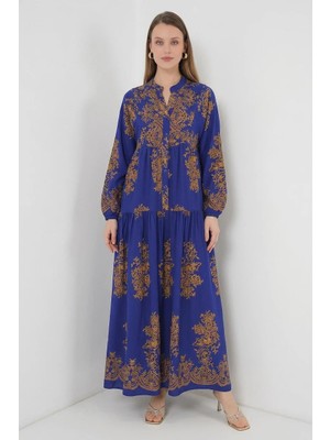 Moda Molası Kadın Gömlek Yaka Beli Büzgülü Uzun Kol Otantik Desenli Viskon Mor Tesettür Elbise