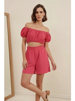 Moda Molası Kadın Straplez Yüksek Bel Fisto Detaylı Kısa Kol Krop Fuşya Bluz