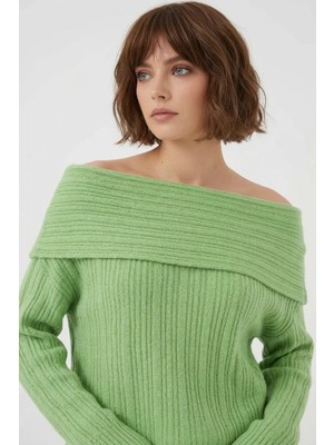 Moda Molası Kadın Oversize Açık Omuz Triko Yeşil Kazak