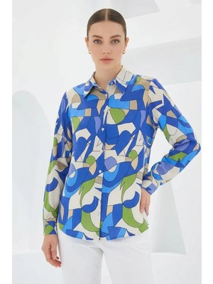 Moda Molası Kadın Grafik Desenli Viskon Indigo Gömlek