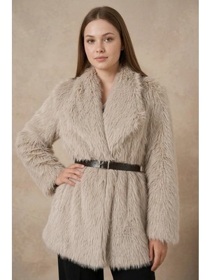 Moda Molası Kadın Kruvaze Kuşaklı Peluş Kürk Krem Kaban