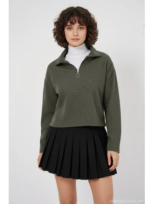 Moda Molası Kadın Klasik Yaka Düğmeli Pamuklu Haki Sweatshirt