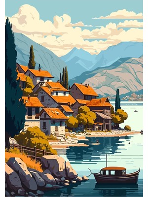Kanvas Tr Vintage Seyahat Posteri Tarzı Göl Evleri ve Dağ Manzarası Kanvas Tablo