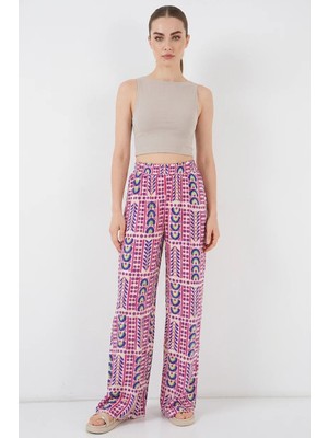 Moda Molası Kadın Desenli Viskon Fuşya Pantolon