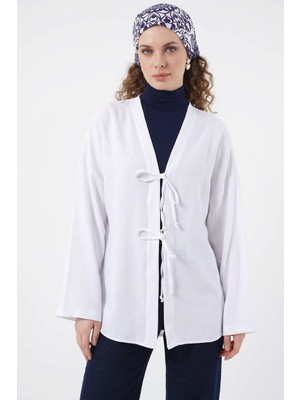 Moda Molası Kadın V Yaka Bağcıklı Viskon Beyaz Tesettür Kimono